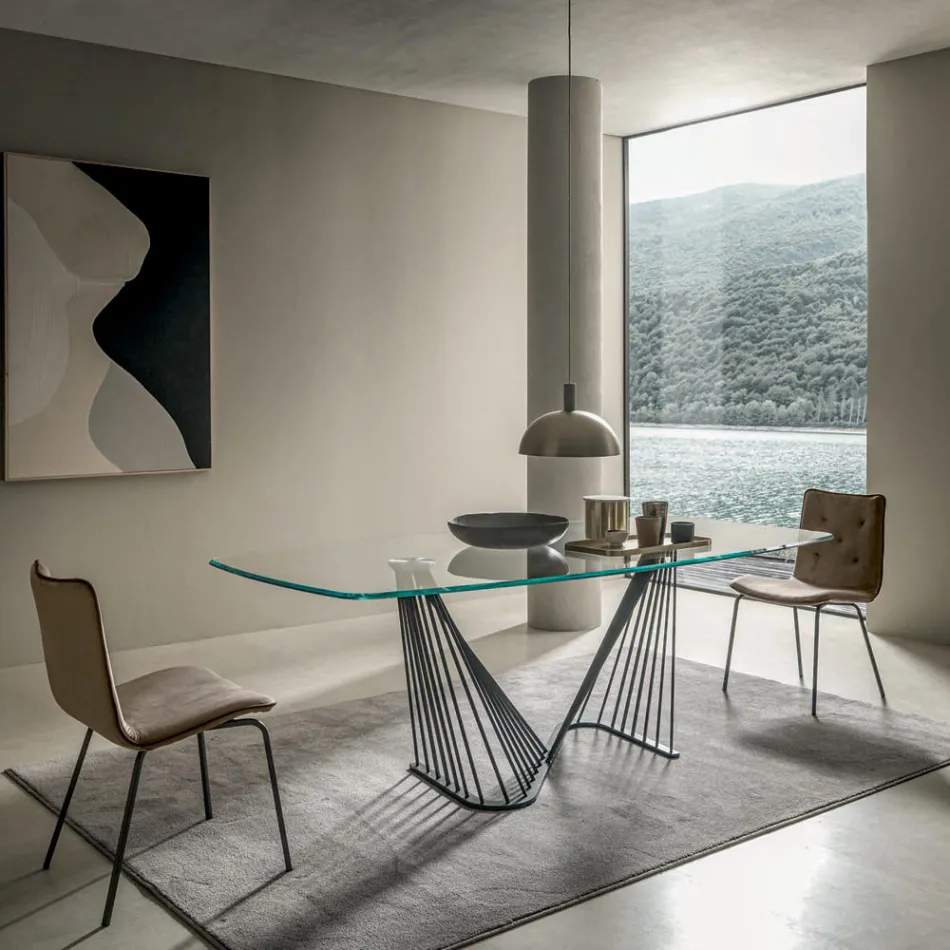 Dining Table Glass Top and Metal Ropes Base 2 Sizes - Alariko Viadurini