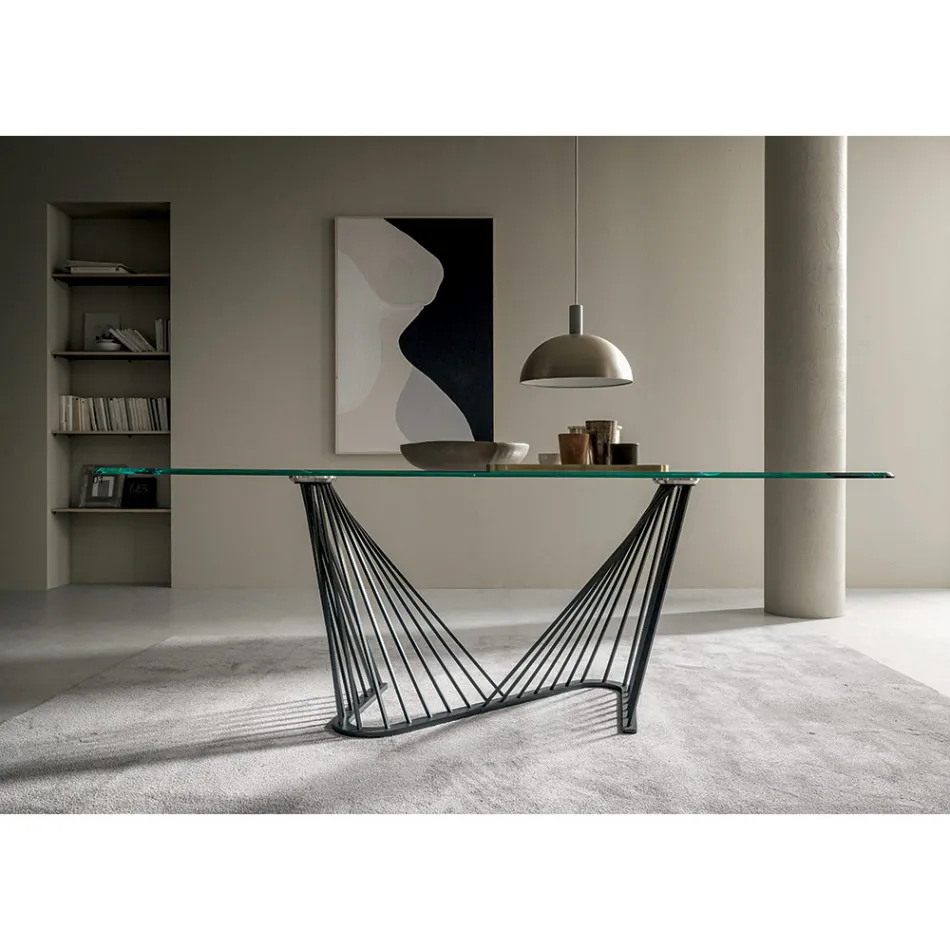 Dining Table Glass Top and Metal Ropes Base 2 Sizes - Alariko Viadurini