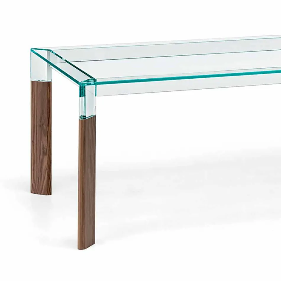 Dining Table Glass Top and Solid Wood Base Made in Italy - Presino Viadurini