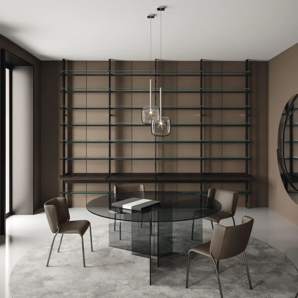 Round Dining Table with Base and Glass Top Made in Italy - Charles Viadurini