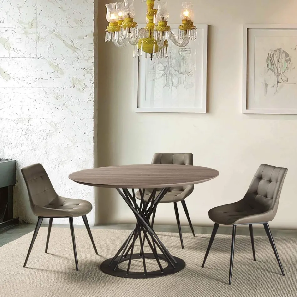 Round Dining Table with Laminated Wood Top and Steel Base - Mileto Viadurini