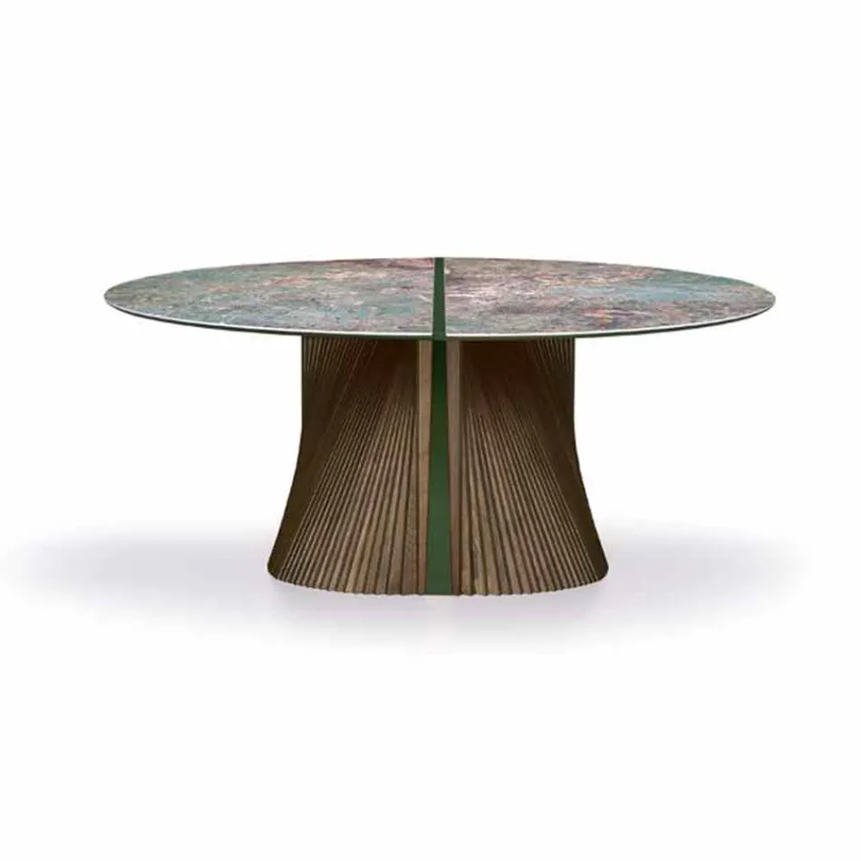 Round Design Dining Table in Polished Stoneware and Wood Made in Italy - Madame Viadurini