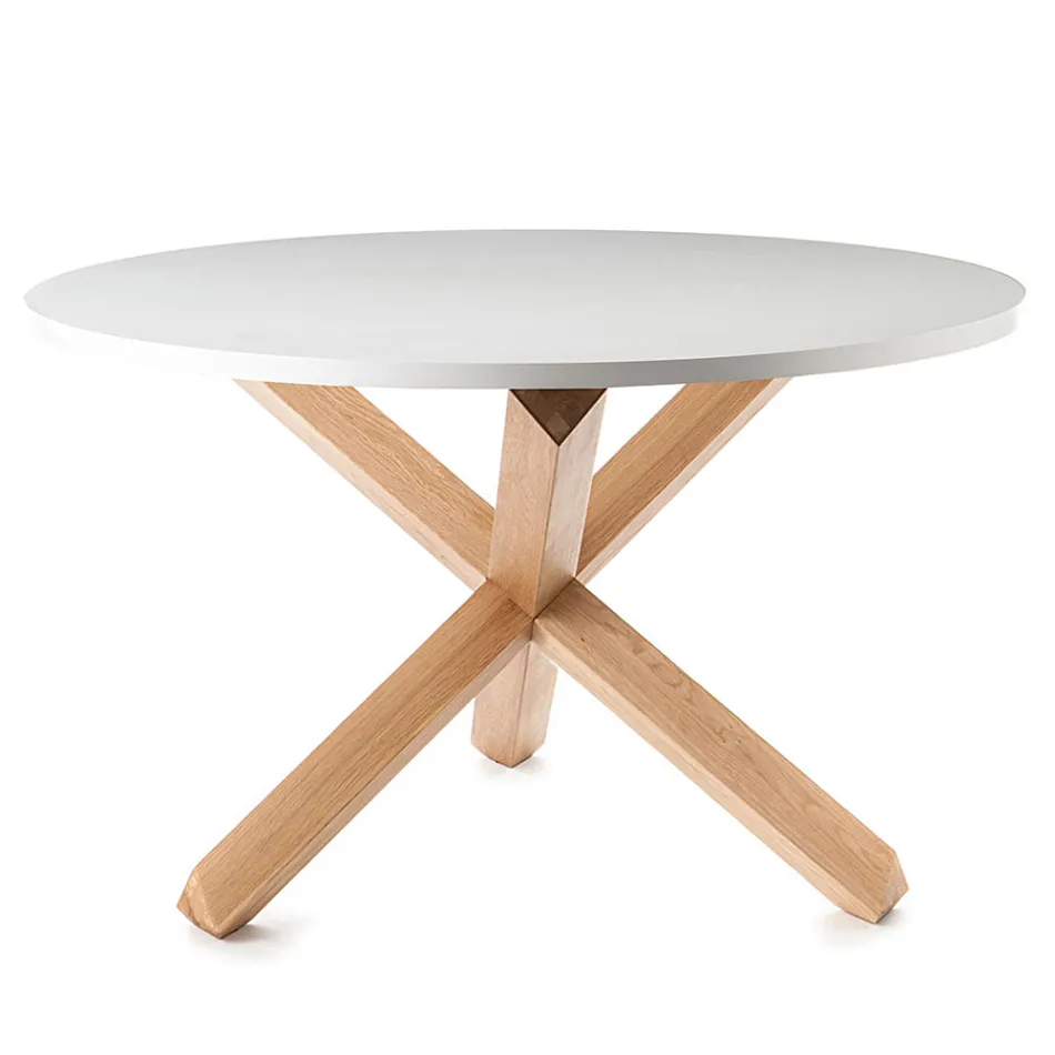Round Dining Table in Matt White Mdf and Solid Wood - Dante Viadurini