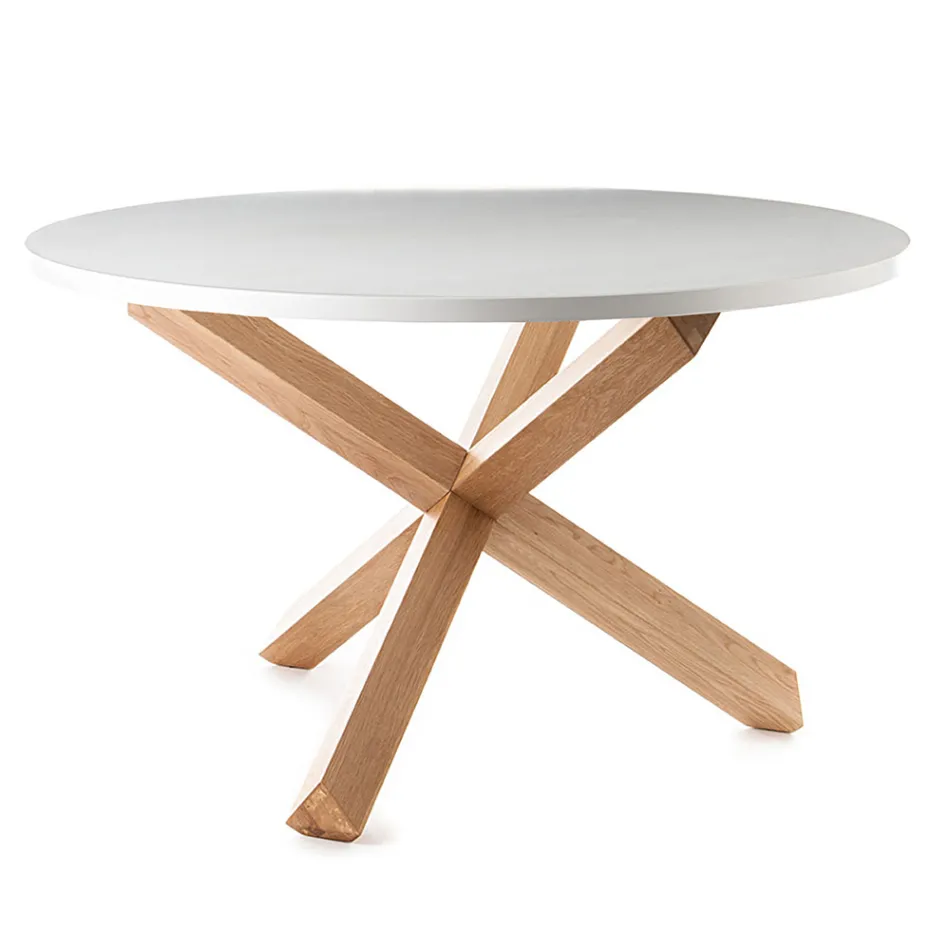 Round Dining Table in Matt White Mdf and Solid Wood - Dante Viadurini
