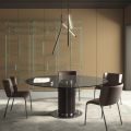 Round Dining Table in Smoked Glass with Wooden Base Made in Italy - Rondo