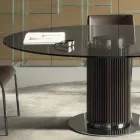 Round Dining Table in Smoked Glass with Wooden Base Made in Italy - Rondo Viadurini