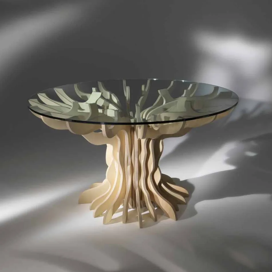 Round wooden dining table with décor tempered glass top Viadurini