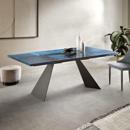 Living Room Table 160x90 with Transparent Hammered Glass Top - Martello Viadurini