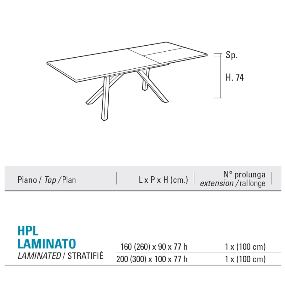 Extendable Living Room Table 260 or 300 cm in Metal and HPL - Borgo Viadurini