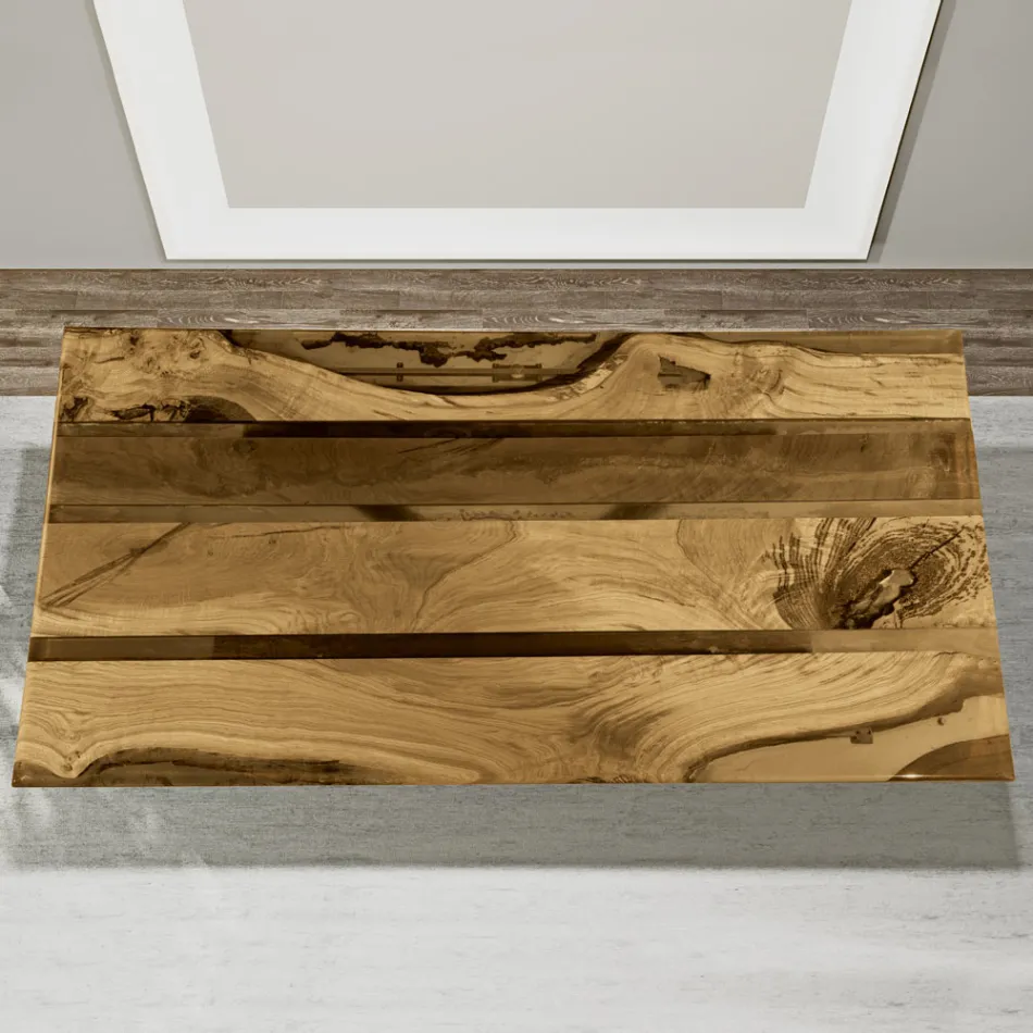 Living Room Table with Oak Top and Colored Epoxy Resin - Miklas Viadurini