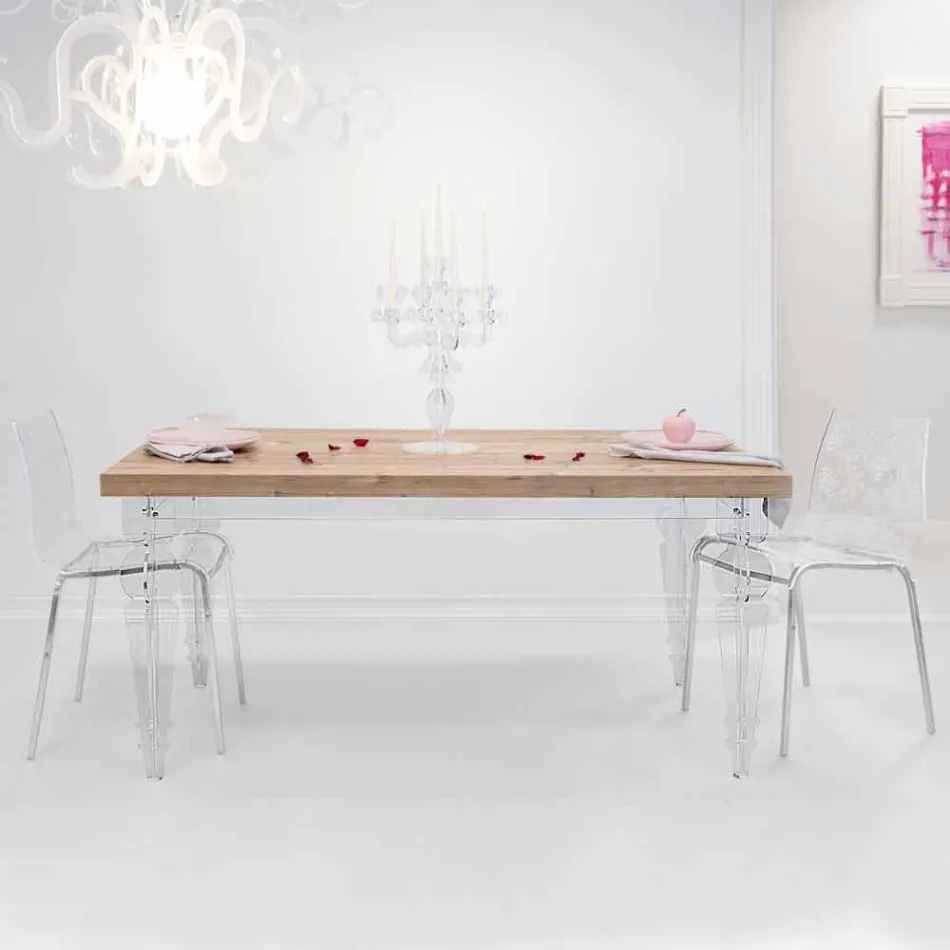 Design table in fir wood and plexiglass made in Italy, Castro Viadurini