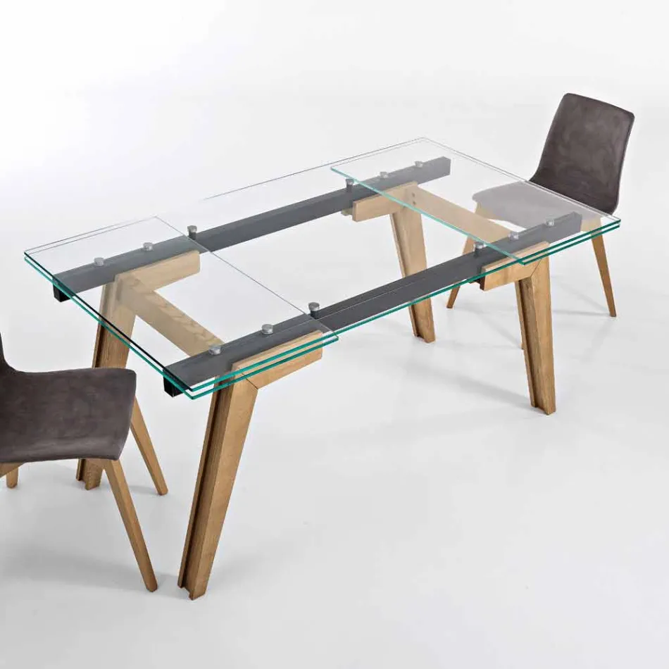 Extendable table made of glass and solid wood made in Italy, Dimitri Viadurini