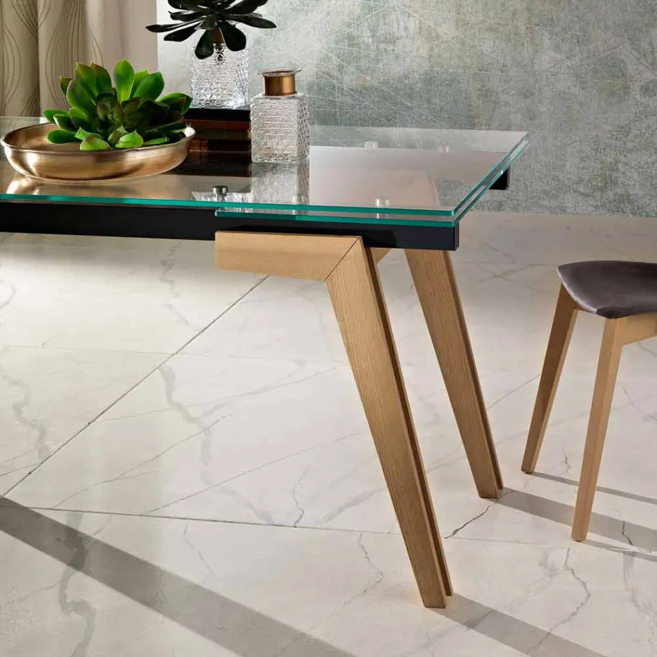 Extendable table made of glass and solid wood made in Italy, Dimitri Viadurini
