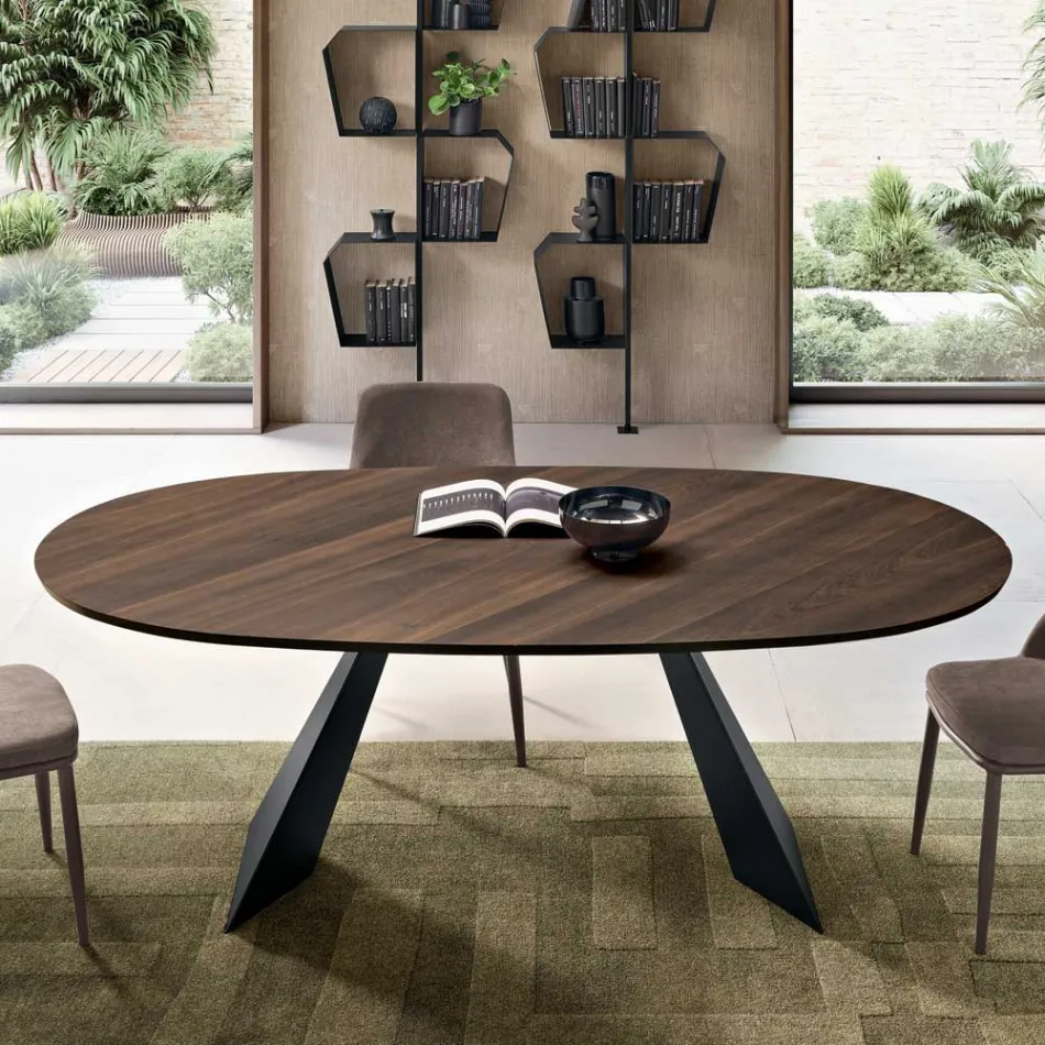 Fixed Table 210x109 cm in Metal and Oval Veneered Oak - Marcello Viadurini