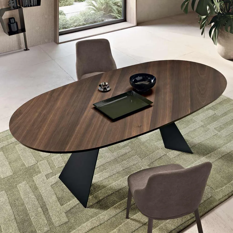 Fixed Table 210x109 cm in Metal and Oval Veneered Oak - Marcello Viadurini
