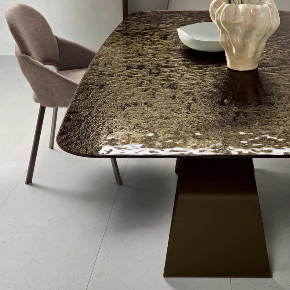 Fixed Table 210x110 cm with Hammered Glass Top and Metal Base - Adriano Viadurini