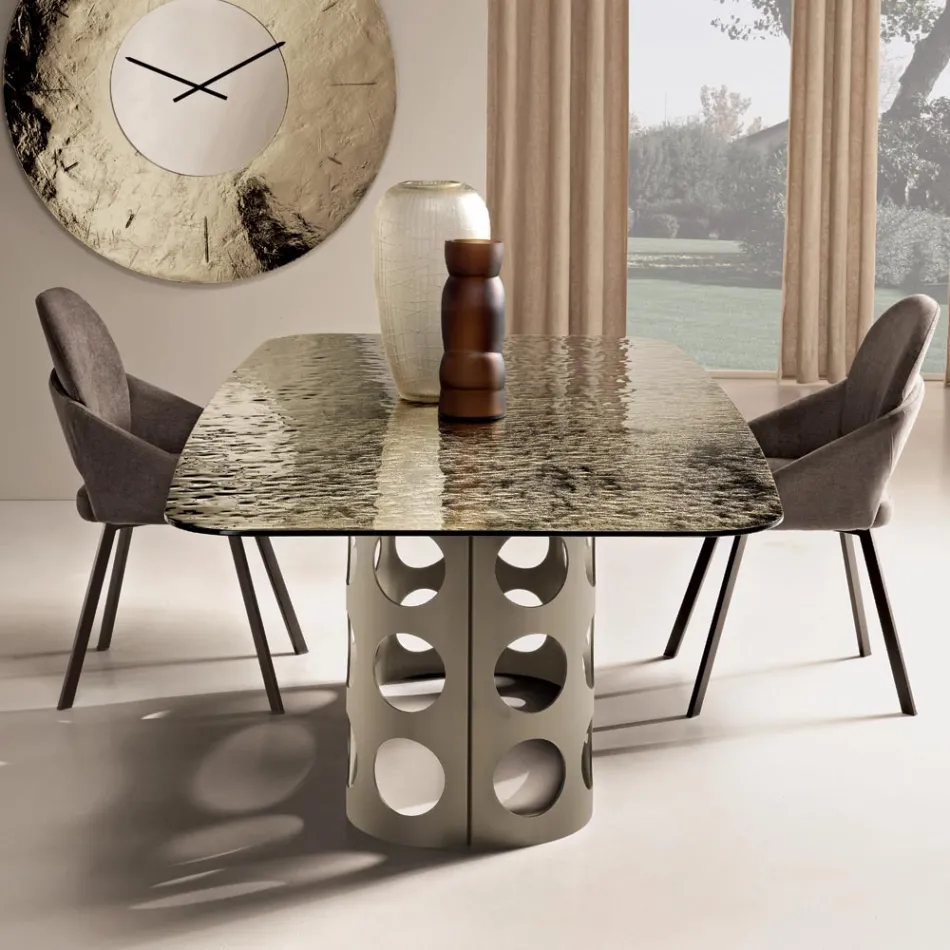 Fixed Table 210x110 cm with Hammered Glass Top Made in Italy - Tano Viadurini