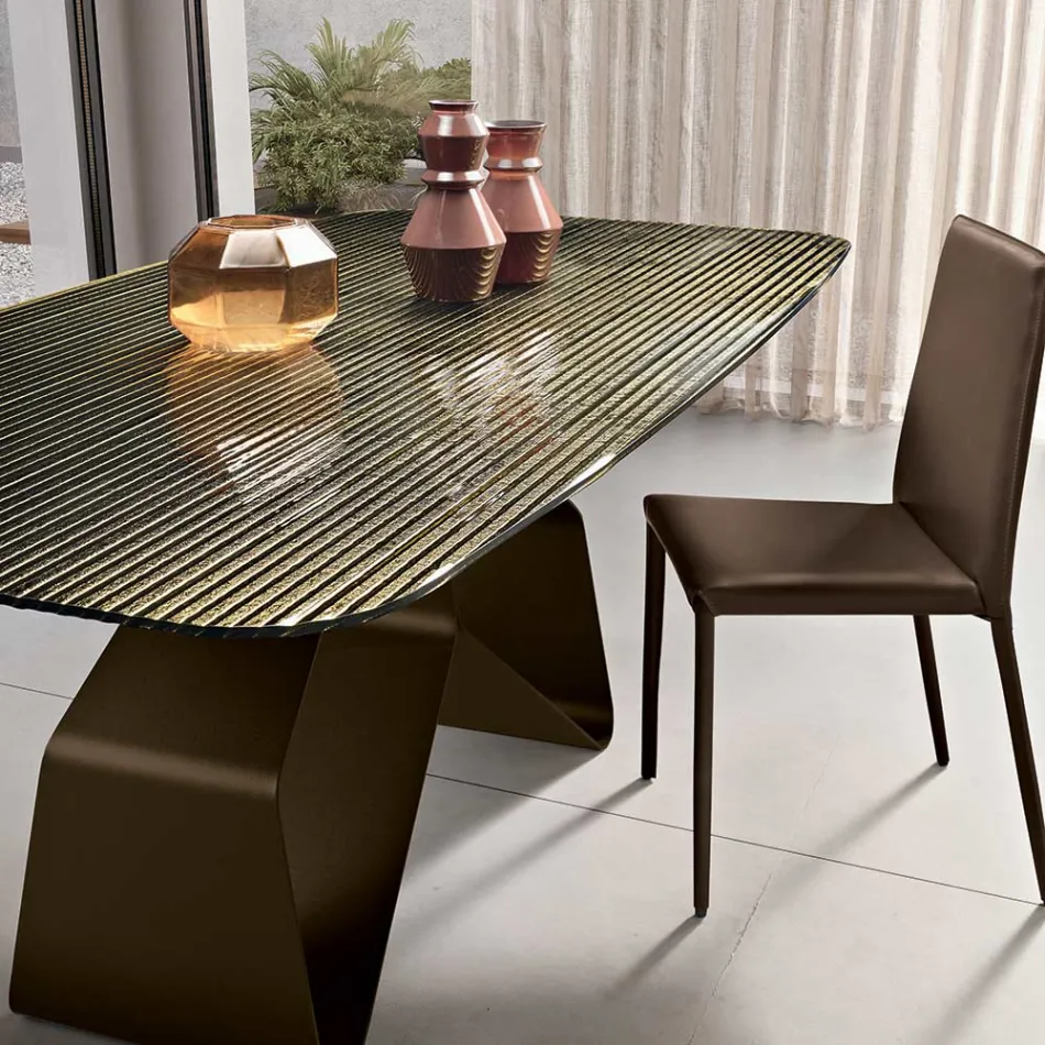 Fixed Table 210x110 cm with Ribbed Glass Top and Metal Base - Adriano Viadurini