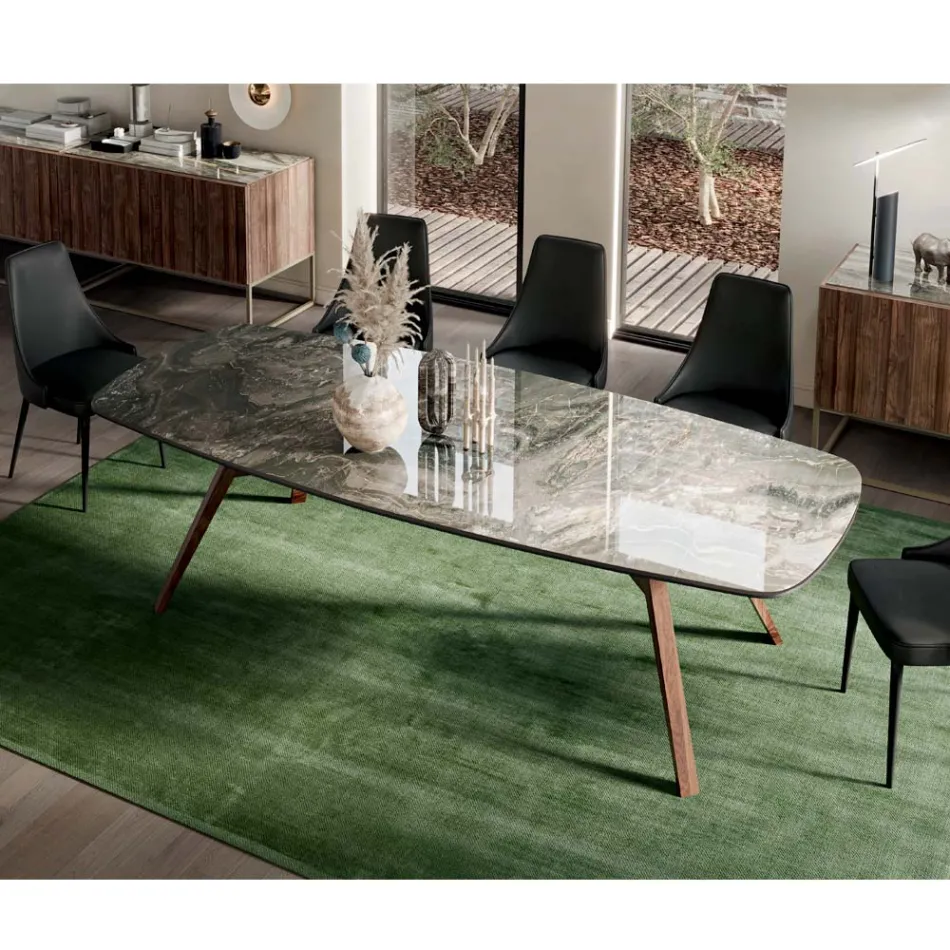 Fixed Barrel-Shaped Table with Canaletto Walnut Ash Base Made in Italy - North Viadurini