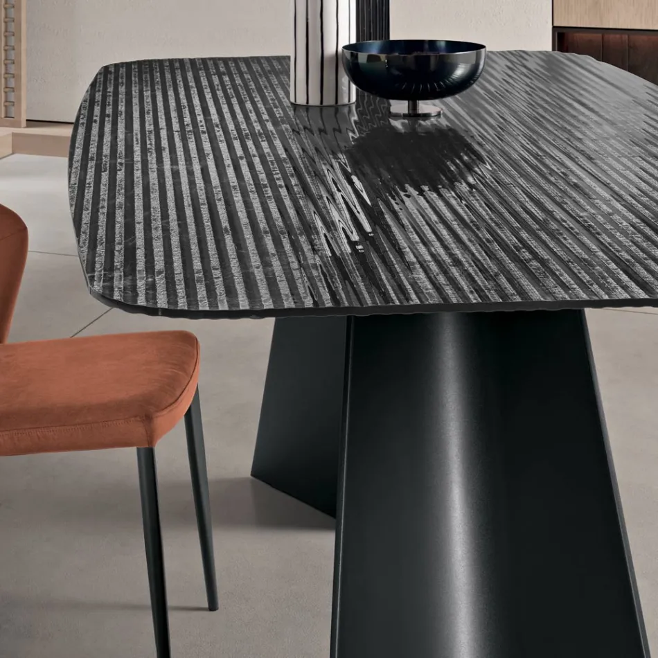 Fixed Table with Metal Base and Ribbed Glass Top Made in Italy - Lumo Viadurini