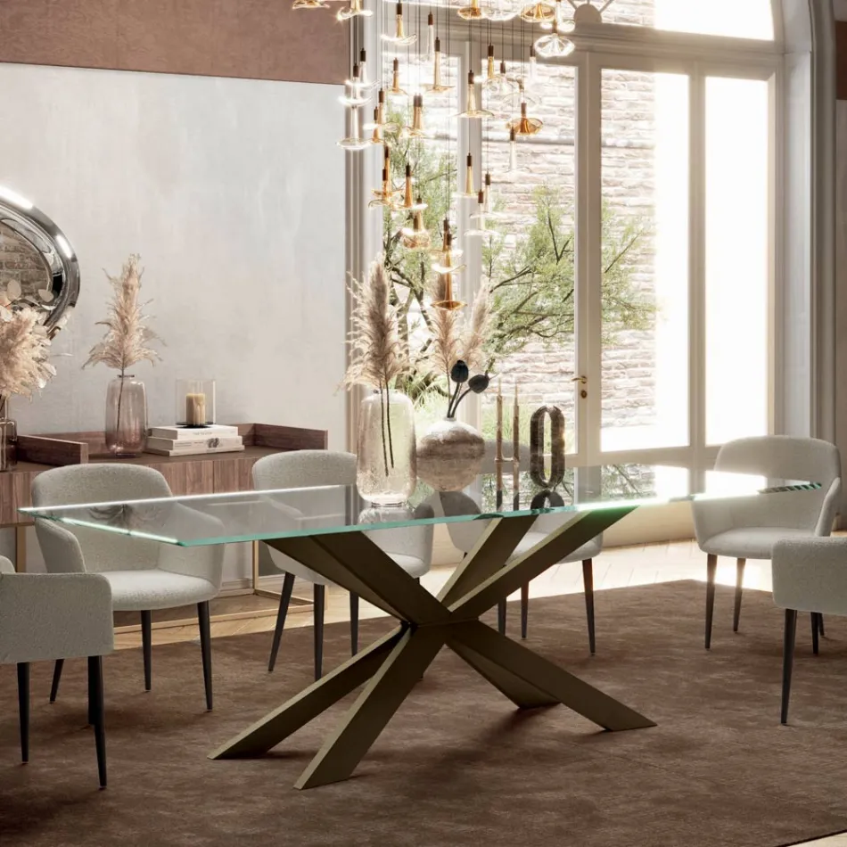 Fixed Table with Reverse Edge in Extra-clear Glass and Steel Made in Italy - Grotta Viadurini