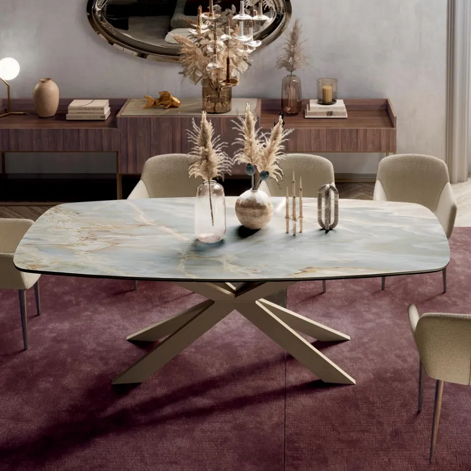 Fixed Table with Polished Silver Onyx Ceramic Top Made in Italy - Grotta Viadurini