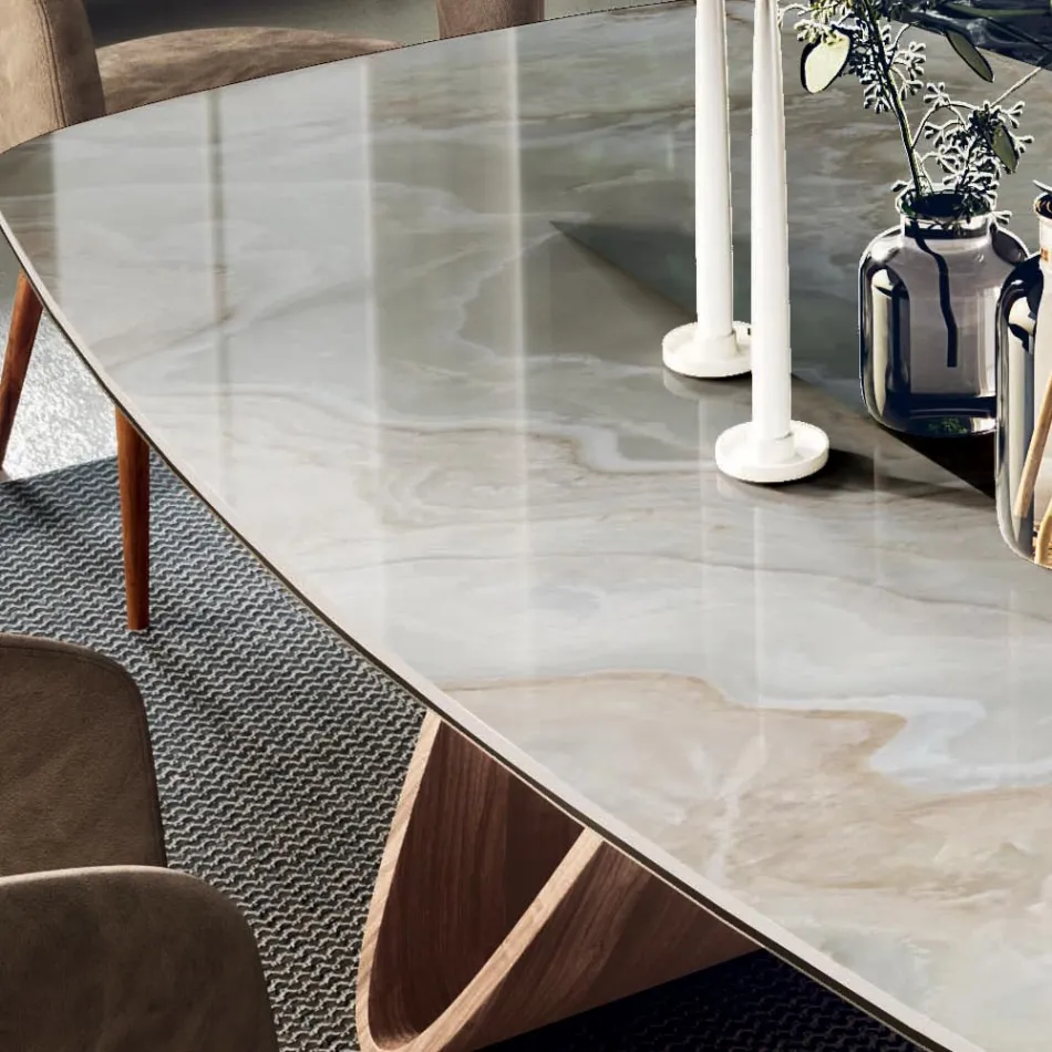 Fixed Living Room Table with Wooden Base Made in Italy - Equatore Viadurini