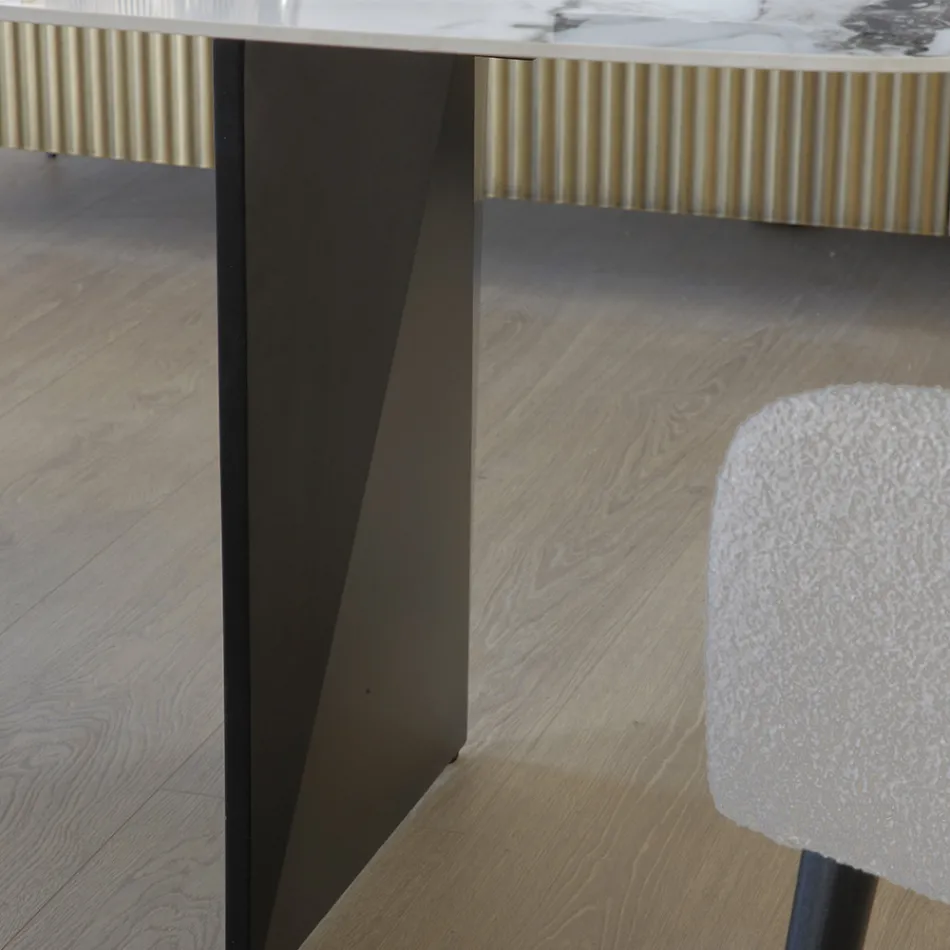 Fixed Table in Metal and Ceramic Top Arabesque Glossy - Eronte Viadurini