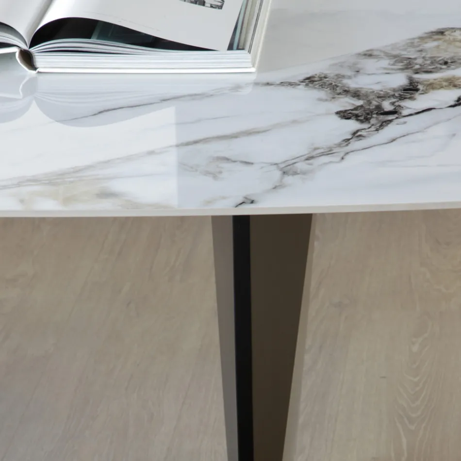 Fixed Table in Metal and Ceramic Top Arabesque Glossy - Eronte Viadurini