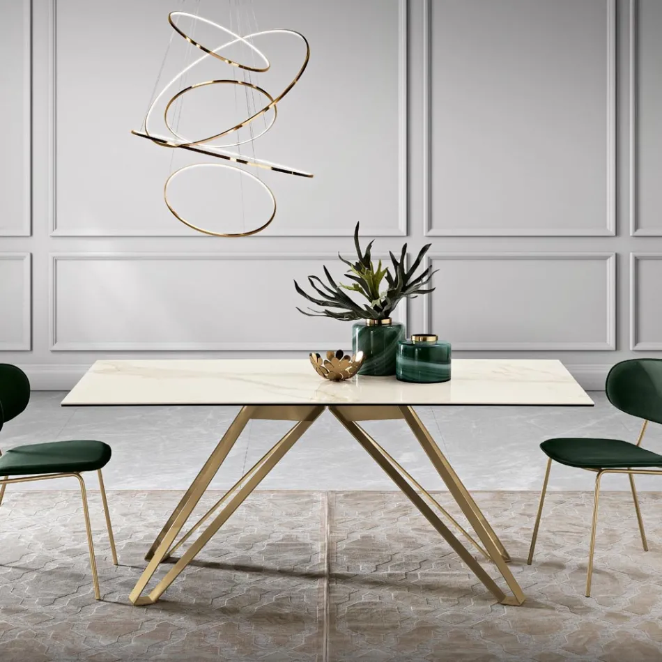 Fixed table in Calacatta Oro glass ceramic and metal Made in Italy - Meluso Viadurini