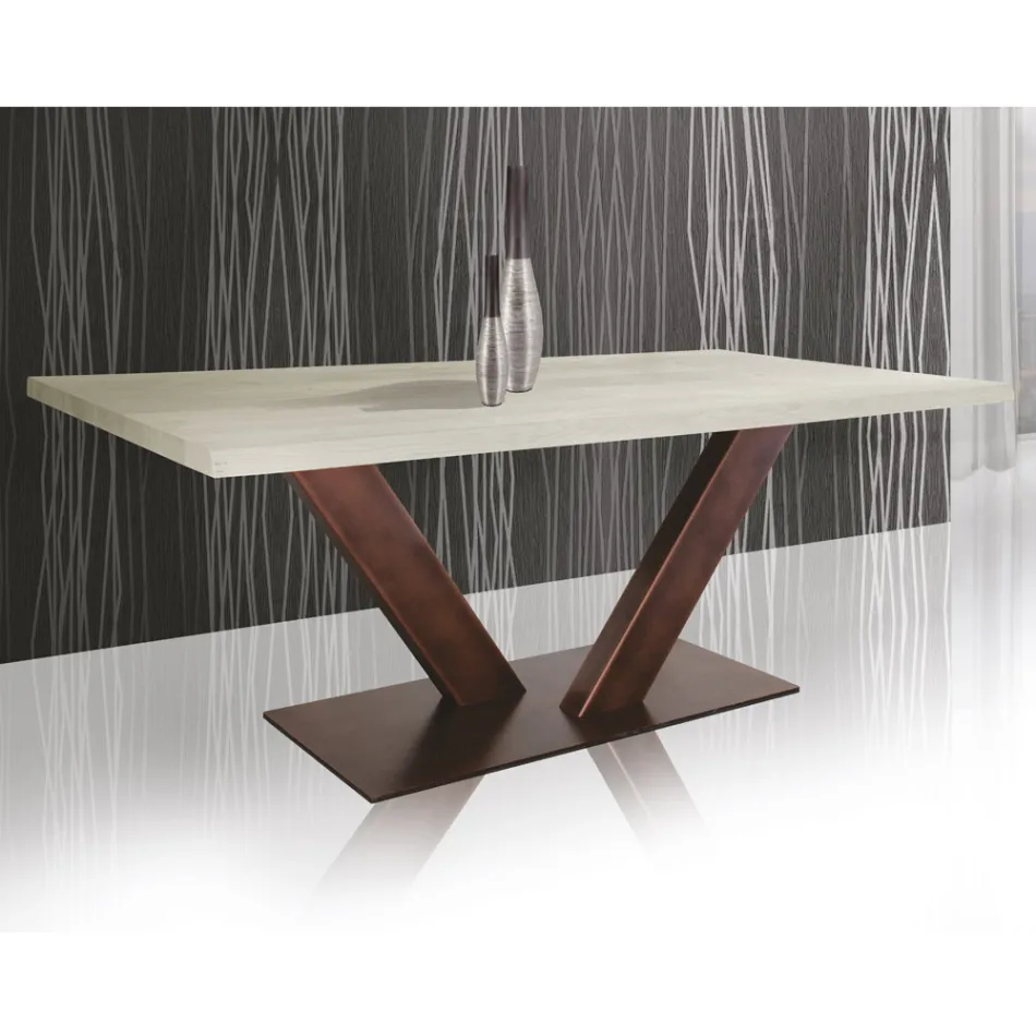 Table in Plated Oak with Squared Leaf Edge and Metal Made in Italy - Riad Viadurini