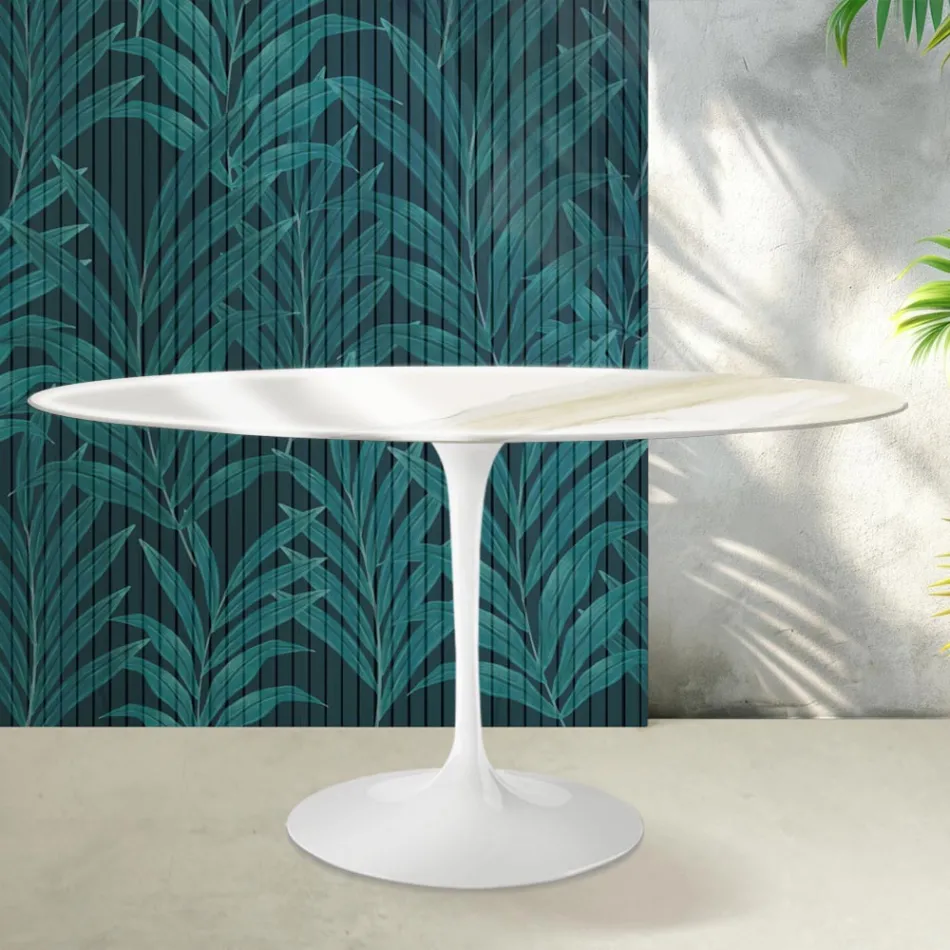Saarinen Oval Tulip Table H 74 cm in Florim Calacatta Gold Gloss Ceramic - Scarlet Viadurini