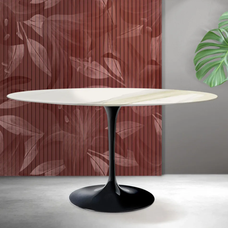 Oval Tulip Saarinen Table H 74 cm in Florim Calacatta Gold Matt Ceramic - Scarlet Viadurini