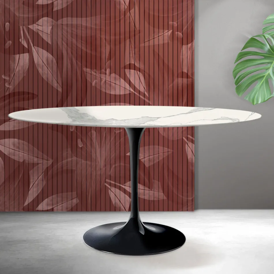 Oval Tulip Saarinen Table H 74 cm in Matt Florim Statuario Ceramic - Scarlet Viadurini