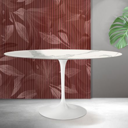 Oval Tulip Saarinen Table H 74 cm in Matt Florim Statuario Ceramic - Scarlet Viadurini