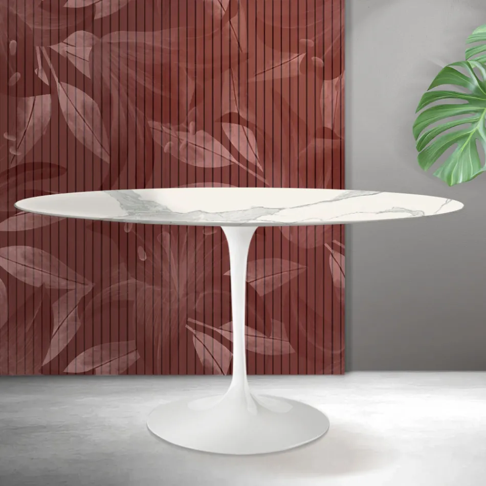 Oval Tulip Saarinen Table H 74 cm in Matt Florim Statuario Ceramic - Scarlet Viadurini