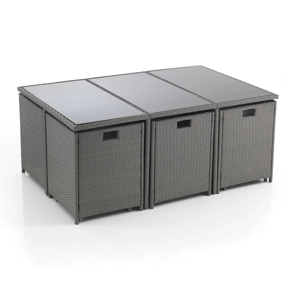 Indoor and outdoor table with 6 chairs with reclining backrest and 4 poufs - Venir Viadurini