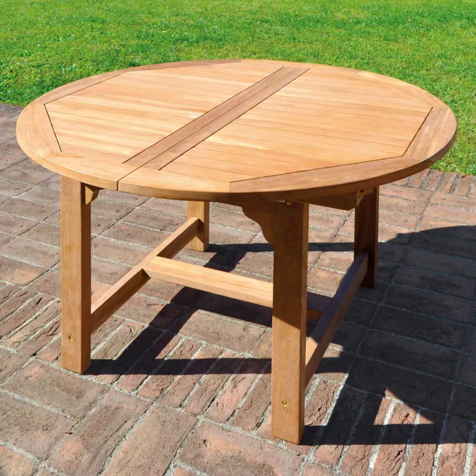 Round Outdoor Table Extendable to 170 cm Made of Teak - Armonia Viadurini