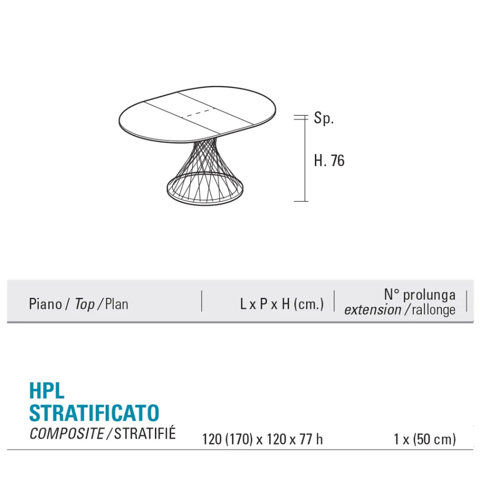 Round Table Extendable to 170 cm in Metal and HPL - Sorriso Viadurini