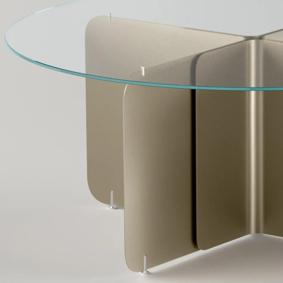 Round Table with Extra-clear Glass Top and Champagne Base - Piacere Viadurini