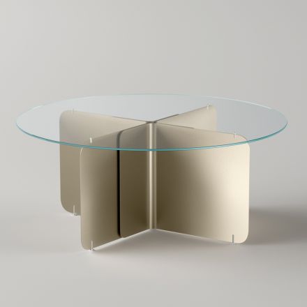 Round Table with Extra-clear Glass Top and Champagne Base - Piacere Viadurini