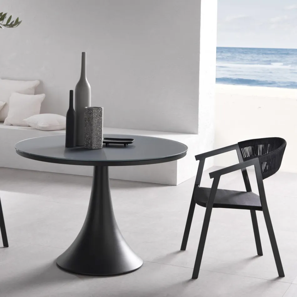 Round Outdoor Table in Powder Coated Aluminum and Glass - Arcade Viadurini