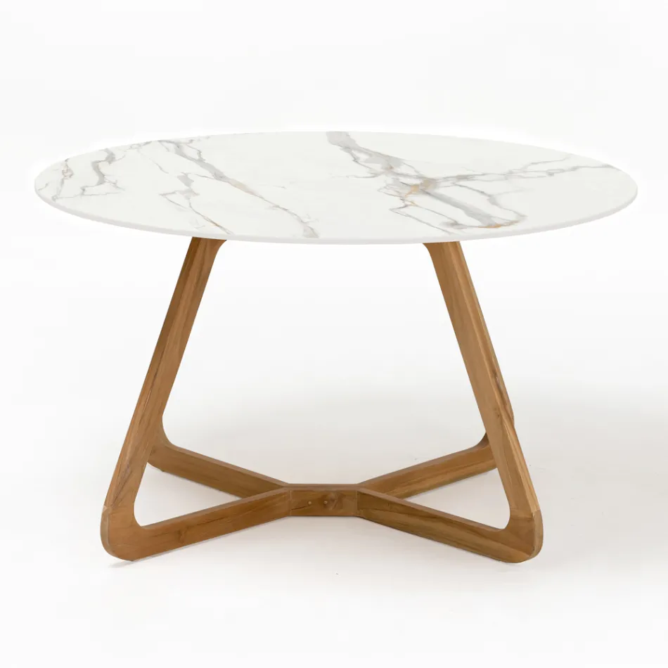 Round Outdoor Table in Calacatta Oro Ceramic Made in Italy - Pegaso Viadurini