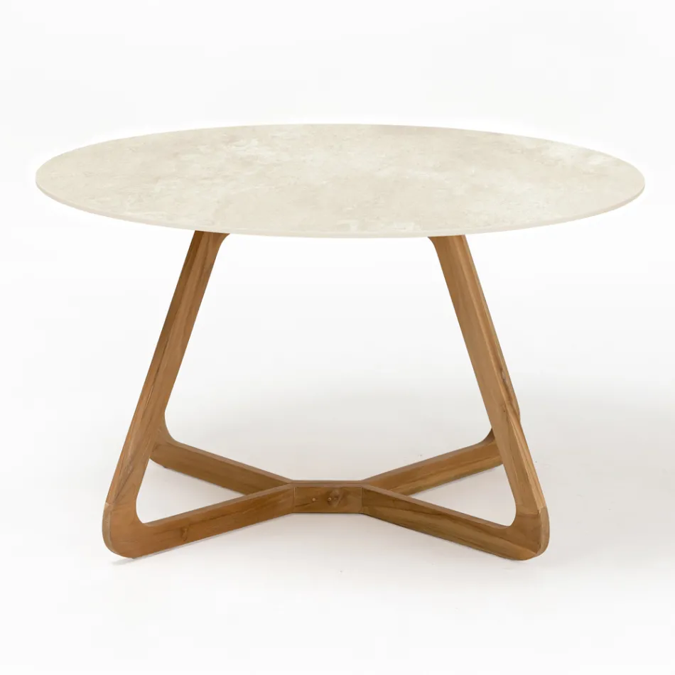 Round Outdoor Table in Chianca Ceramics from Ostuni Made in Italy - Pegaso Viadurini