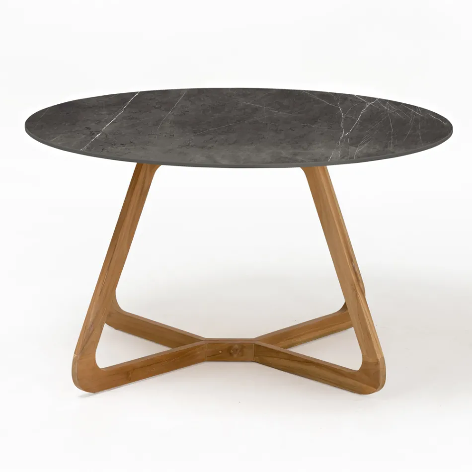 Round Outdoor Table in Gray Stone Ceramic Made in Italy - Pegaso Viadurini