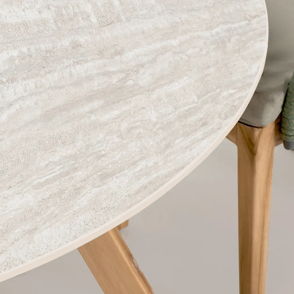 Round Outdoor Table in Light Travertine Ceramic Made in Italy - Pegaso Viadurini