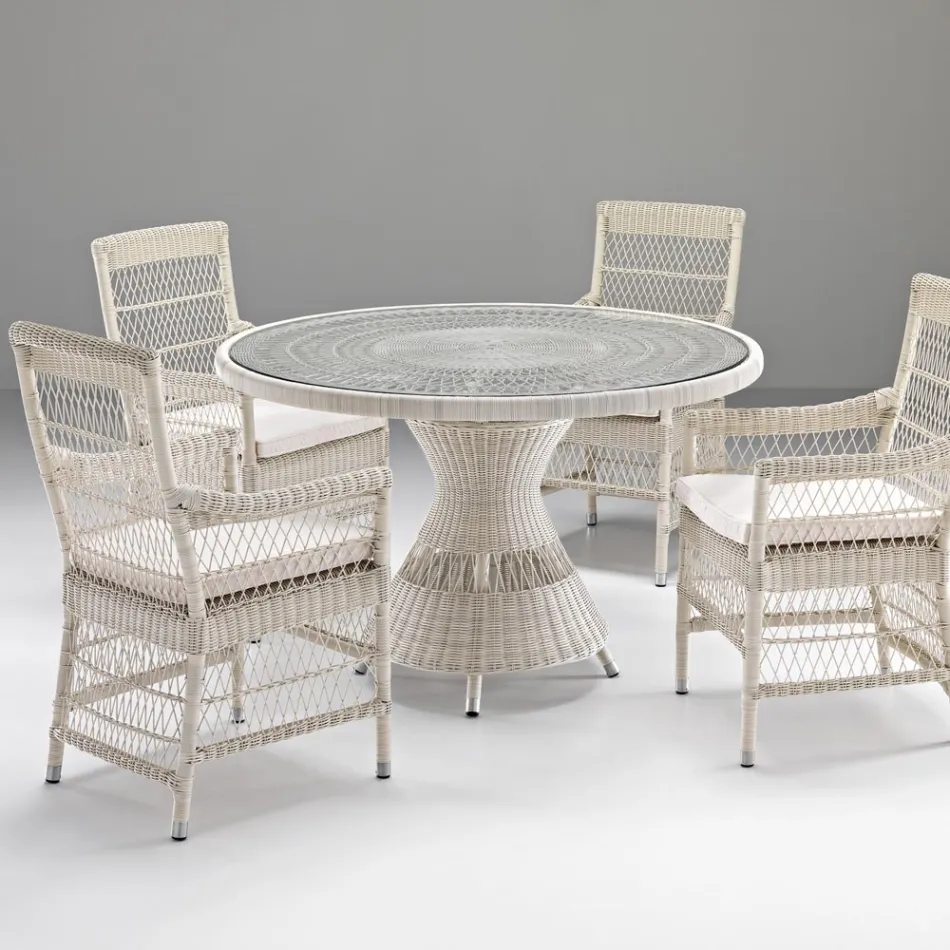 Round Outdoor Table in Polyrattan with Glass Top - Gigi Viadurini