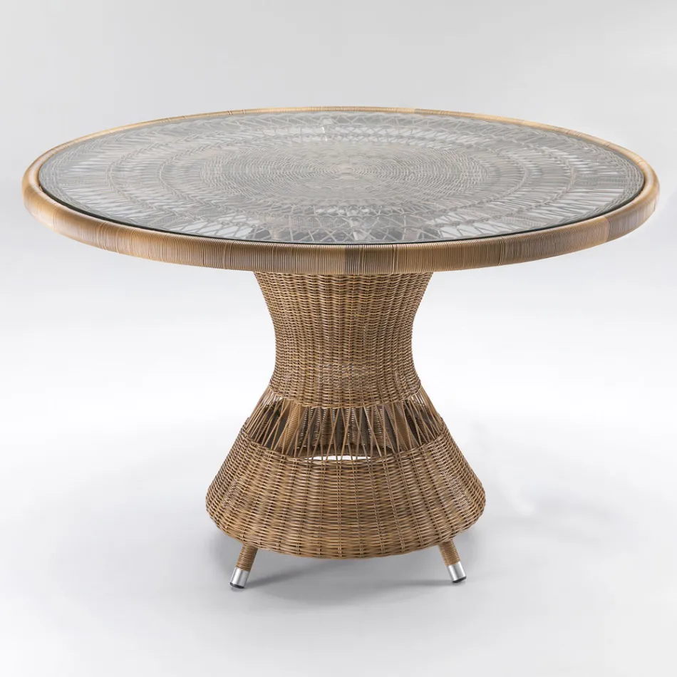 Round Outdoor Table in Polyrattan with Glass Top - Gigi Viadurini