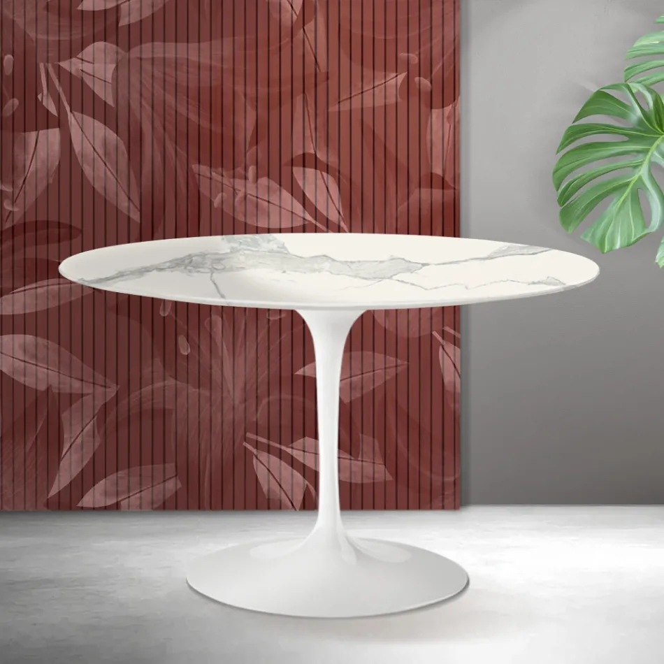 Saarinen Tulip Round Table H 74 cm in Florim Statuario Matte Ceramic - Scarlet Viadurini