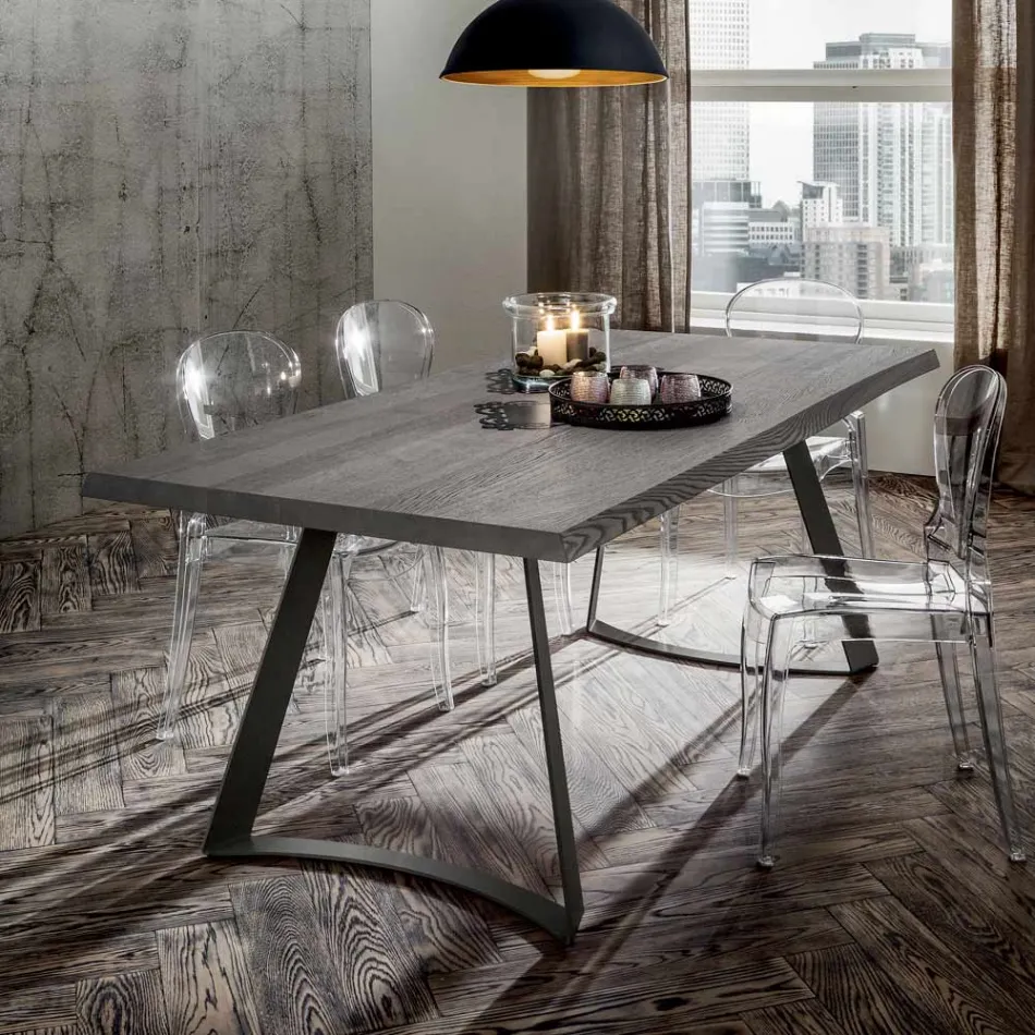 Dining Room Table with Debarked Oak Top Made in Italy - Pinocchio Viadurini